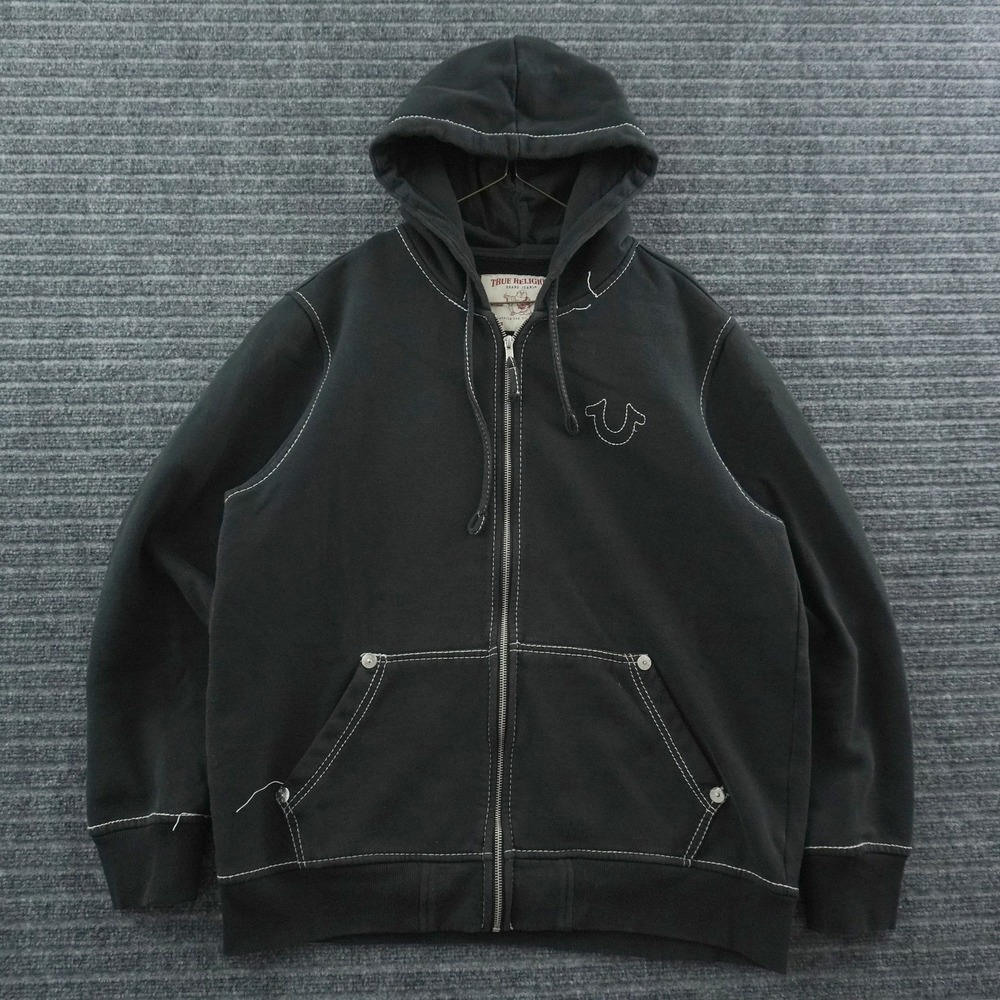 True Religion Zip Up Hoodie Mens XL Black World Tour Contrast Stitch